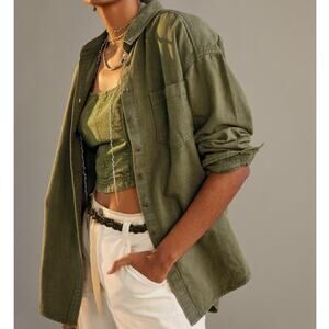 Anthropologie Pilcro Oxford Tunic Buttondown Shirt Olive Green Oversized XXS